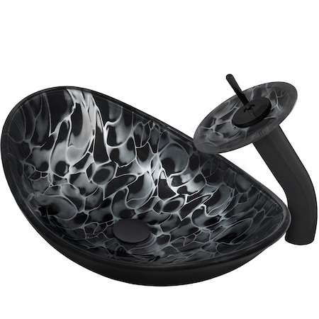 Novatto Black and Silver Painted Oval Glass Vessel Sink Set in Matte Black NSFC-0128031001MB